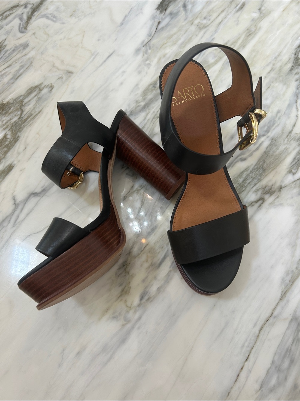 SARTO By Franco Sarto Black Leather Round Block Heel Sandals with Gold Buckle